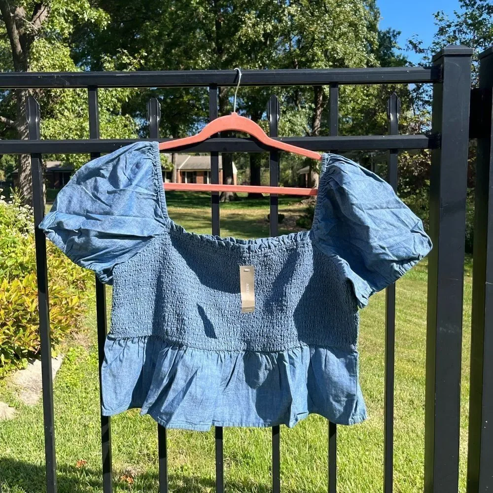 J Crew Chambray Squareneck Smocked Puff Sleeve Top NWT